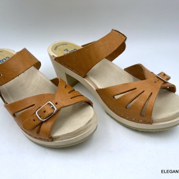 Tessa Clogs of Vail 6.5 M Tan Brown Leather Wood Sandals Made in Sweden EU 37 - Picture 11 of 13